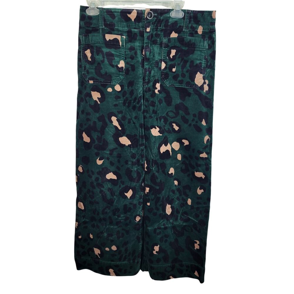 Maeve Anthropologie Green Leopard Print Wide Leg Corduroy Collette Pants Size 31